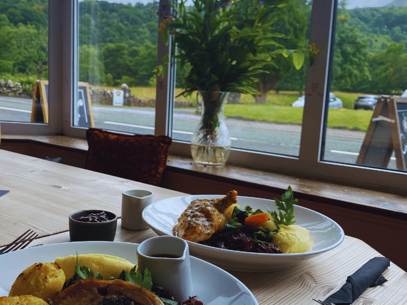 Christmas roast dinner in front of a window with a forest and mountain view